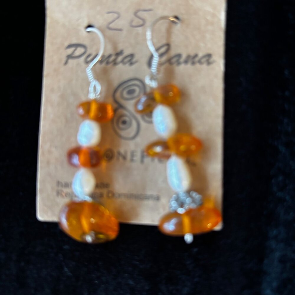 Beautiful new sterling silver earrings with natural amber and freshwater pearls-